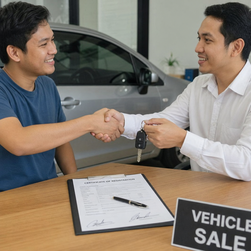 A buyer and seller shaking hands over car keys and signed registration documents