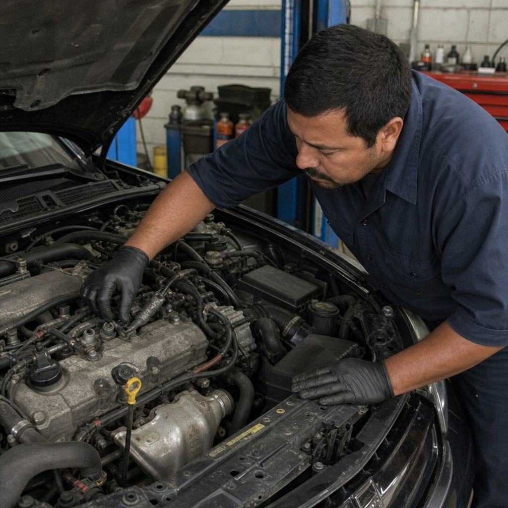 A mechanic performing a thorough physical inspection on a used car engine