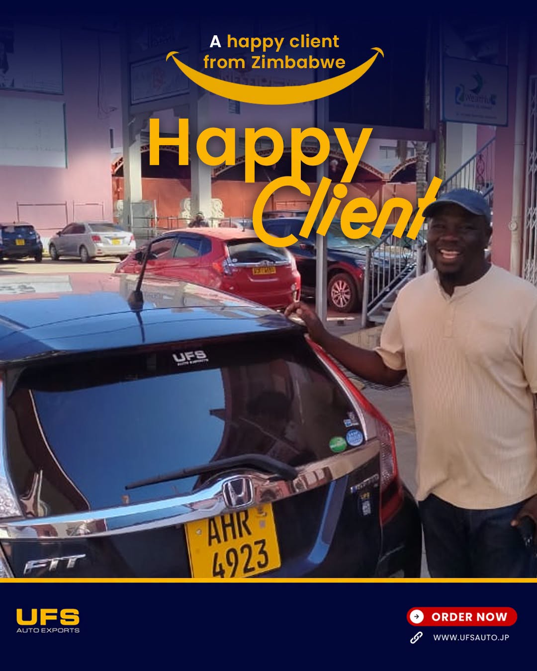 Happy UFS Auto customer in Zimbabwe standing beside a Toyota hybrid vehicle