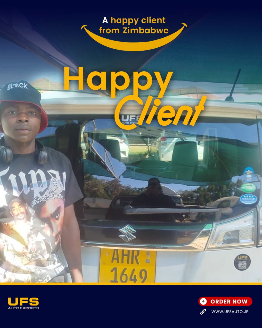 Happy UFS Auto customer vehicle delivery in Zimbabwe with a white Toyota van